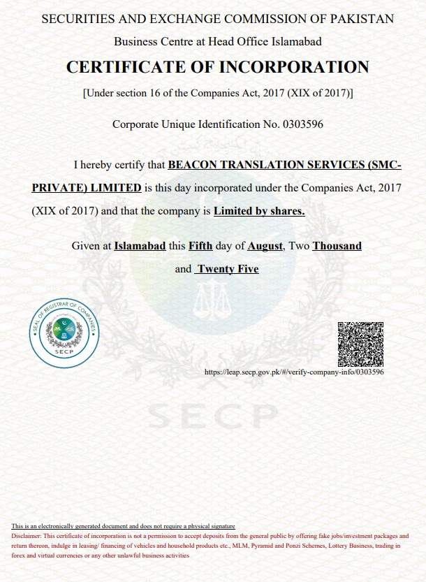 Certified Documents Translation Pakistan